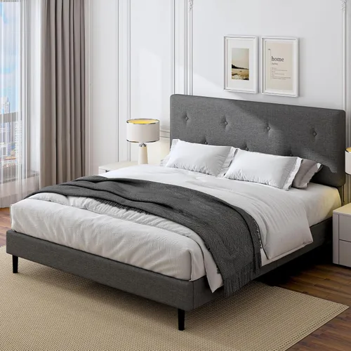 Miniatura 9 de Marco de cama de lino de tamaño matrimonial, marco de cama tapizado con cabecera ajustable, soporte de listones de madera, no necesita somier, fácil