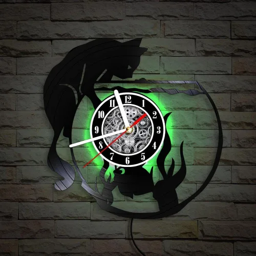Miniatura 5 de The Geeky Days Reloj de pared con iluminación LED de gato negro con pecera, lámpara de noche para guardería, habitación de niños, gatito juguetón