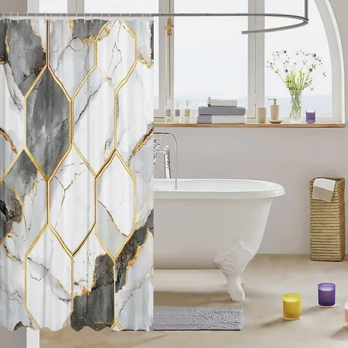 Miniatura 3 de Feelyou Cortina de baño de mármol para mujeres y hombres, cortina de ducha hexagonal geométrica para bañeras, niños, blanco, gris, dorado, juego