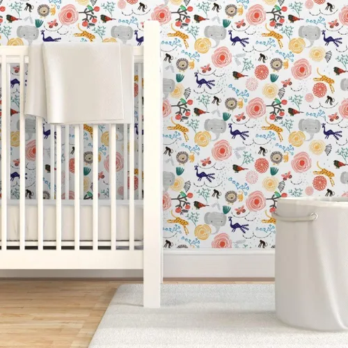 Miniatura 6 de Papel tapiz autoadhesivo de 12 x 2 pies – Flores de selva, elefante, guepardo, pájaro, mono, león, caprichoso, animales florales, habitación