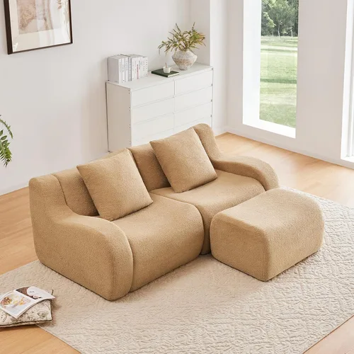 Miniatura 11 de Otomana de tela de peluche negra, moderno reposapiés modular sin hueso en una caja para sala de estar, cómodo diseño de asiento profundo,