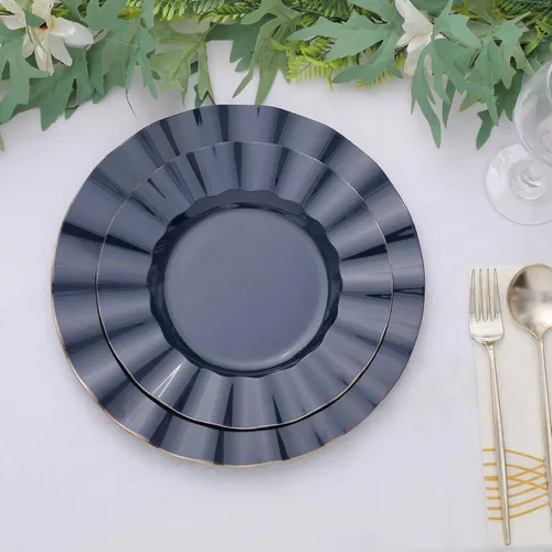 Miniatura 31 de Tableclothsfactory Paquete de 10 platos redondos de plástico negro de 6 pulgadas para ensalada de postre, platos desechables con borde ondulado