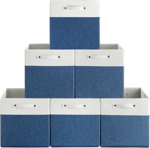 Miniatura 10 de FinishingBo Contenedores de almacenamiento de lino fino de 13 x 13 pulgadas con asas, cajas de cubo de tela, organizadores de cestas para estantes