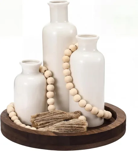 Miniatura 15 de Juego de 5 piezas de centros de mesa rústicos de mesa, juego de 3 jarrones de cerámica boho con bandeja de madera para servir cuentas de madera