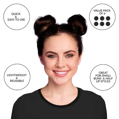 Miniatura 2 de Styla Hair Pequeño Fabricante de Moños para Niños - Moños de Ballet y Calcetín, Dona de Cabello Fácil (6 piezas, Negro, Tamaño 2 Pulgadas)