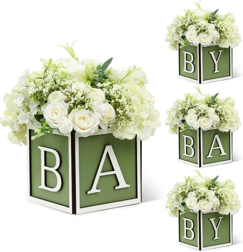 Miniatura 17 de Juego de 4 centros de mesa de baby shower para mesas, cajas de madera de 6 pulgadas con letras de bebé, cubos rústicos, bloques de madera para Rosa