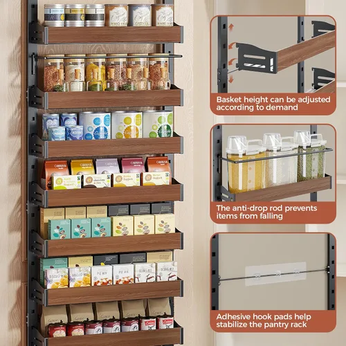 Miniatura 4 de Organizador de especias de 8 niveles para montar en la pared, organizador de despensa sobre la puerta resistente con cesta ajustable de madera
