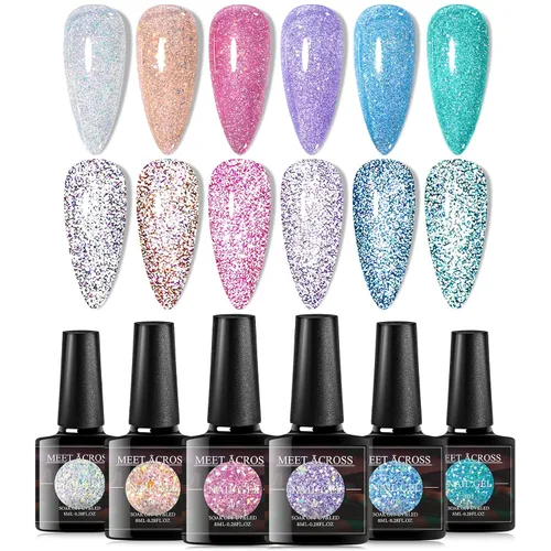 MEET ACROSS Esmalte de uñas de gel con purpurina reflectante, juego de esmalte de gel con purpurina brillante, kit de manicura de barniz de uñas