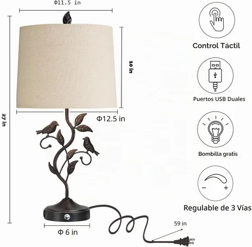 Miniatura 6 de Lámparas de Mesa Táctiles Estilo Granja de 27" para Sala de Estar con Regulación de 3 Niveles, 2 Puertos USB, Lámpara de Mesita de Noche Vintage