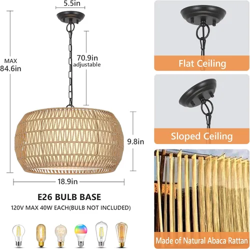Miniatura 4 de Accesorios de iluminación de lámpara de araña de ratán estilo granja, lámpara colgante grande bohemia de 5 luces, candelabros tejidos a mano