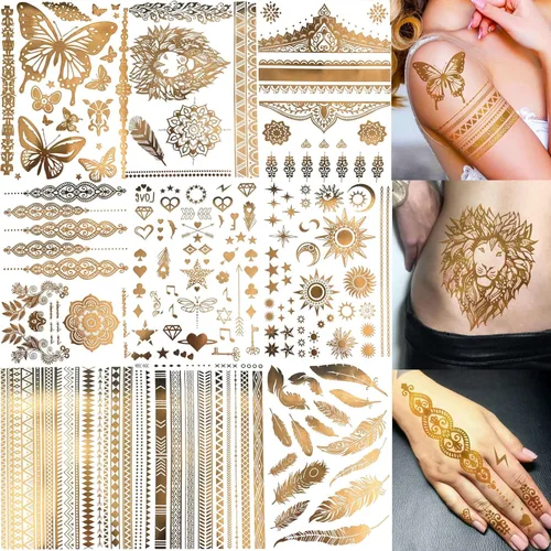 Bilizar 9 hojas de más de 110 diseños de tatuajes temporales de oro flash metálico para mujeres adultas, niñas, león dorado de festival, sol, luna,