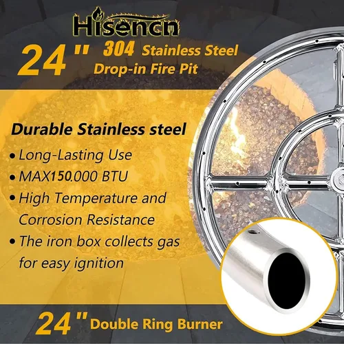 Miniatura 3 de Kit de Anillo de Quemador de Hoguera Hisencn de 24 Pulgadas, Inserto Redondo de Hoguera de Acero Inoxidable 304 con Encendido de Chispa y Kit