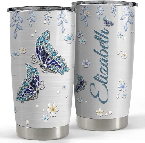 Vaso de mariposa personalizado con tapa, estilo de joyería, nombre personalizado, vasos de 20 onzas, 30 onzas con tapa, regalo para mujeres, niñas,
