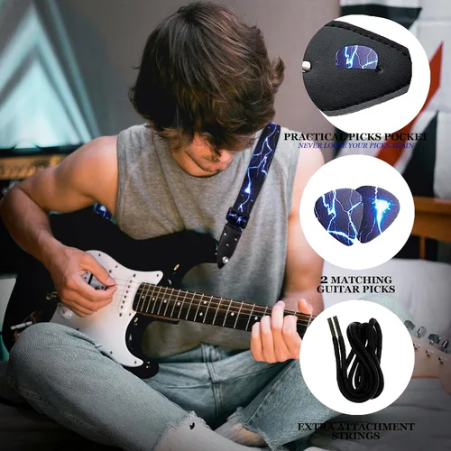 Miniatura 8 de Art Tribute Correa de guitarra para guitarra acústica, eléctrica y bajo, correa clásica ajustable con diseño Lightning con 2 púas + cierres