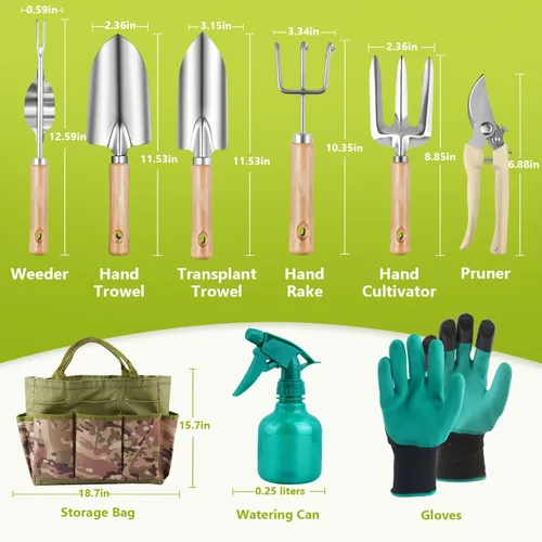 Miniatura 2 de Juego de 9 herramientas de jardinería resistentes con bolsa organizadora de herramientas de jardín duraderas, guantes de goma antideslizantes, juego