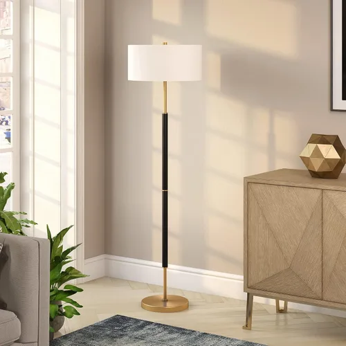Miniatura 5 de Henn&Hart Lámpara de pie de 2 luces con pantalla de tela en negro mate/latón/blanco, lámpara de pie para oficina en casa, dormitorio, sala de estar