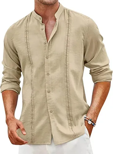 Miniatura 7 de Camisa de manga larga para hombre, sin cuello, ligera, transpirable, Guayabera Cuba camisa con botones para la playa Azul-cielo