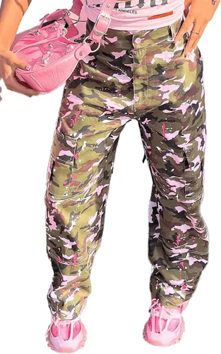 Pantalones cargo de camuflaje para mujer, cintura alta, holgados, pierna ancha, camuflaje militar, pantalones deportivos ajustados con bolsillo