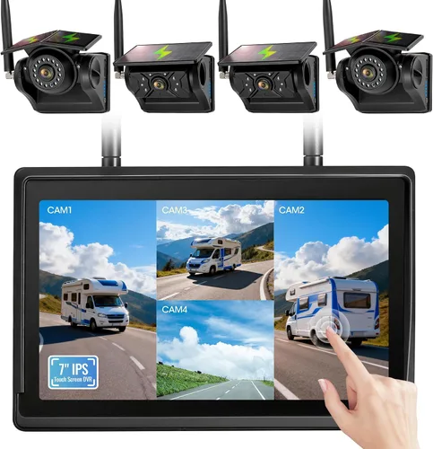 Miniatura 9 de Sistema de cámara de respaldo inalámbrico solar magnético, pantalla táctil IPS de 7 pulgadas con DVR, cámaras de visión trasera IR recargables