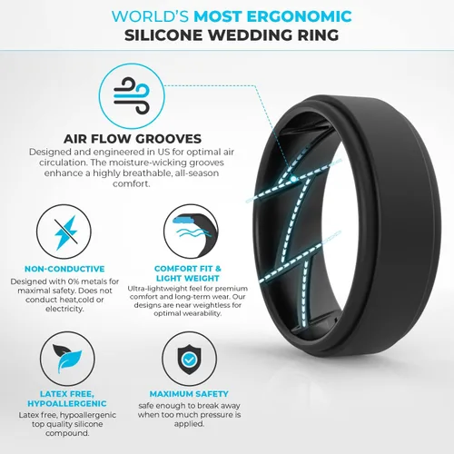 Miniatura 2 de ThunderFit - Anillos de boda y compromiso de silicón transpirable para hombre con ranuras internas de ventilación, diseño elegante de borde