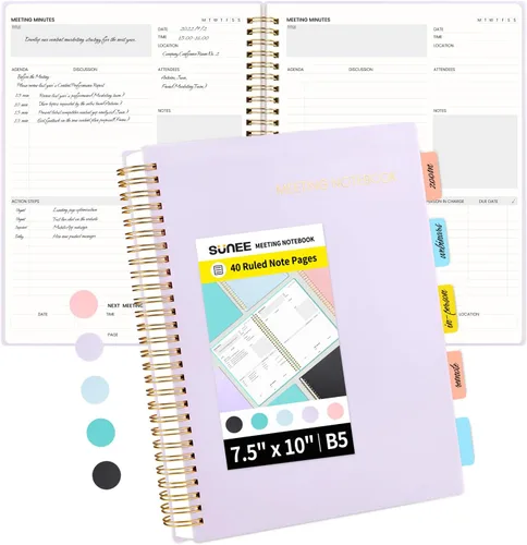 Miniatura 13 de SUNEE Cuaderno de reuniones para el trabajo con pestañas adhesivas, 160 páginas, planificador de proyectos de tamaño A4, agenda de reuniones en Negro
