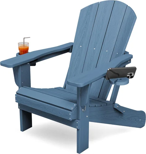 Miniatura 12 de KINGYES Silla plegable Adirondack con portavasos dobles - Sillas de exterior de HDPE para todo clima, silla de patio tipo madera para el patio Negro