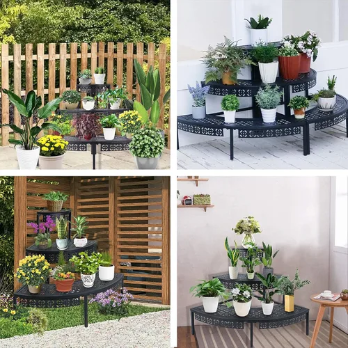 Miniatura 6 de Soporte para plantas de 3 niveles semicircular, estante organizador de macetas de flores de un cuarto redondo, soporte de exhibición de plantas al