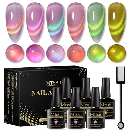 MTSSII Esmalte de uñas de gel de ojo de gato, serie de vidrio, gel de uñas magnético, arco iris, gelatina, rosa, morado, translúcido, UV/LED, juego