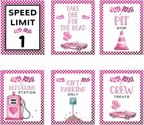 Letreros de fiesta de primer cumpleaños de coche de carreras rosa, límite de velocidad, decoraciones de cumpleaños para niña, decoración rápida de