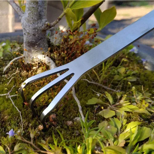 Miniatura 5 de Rastrillo para bonsái de acero inoxidable con espátula, mini estante de jardinería, cultivador de 3 puntas, herramientas para árbol bonsái