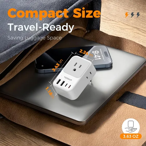 Miniatura 6 de Adaptador de enchufe de viaje europeo, adaptador de corriente TESSAN International con 4 tomas, 4 puertos USB (2 USB-C, 1 con PD 20W), adaptador