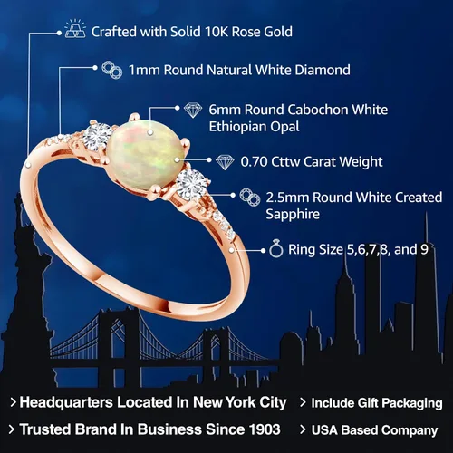 Miniatura 9 de Gem Stone King Anillo de compromiso de 3 piedras preciosas redondas de oro rosa de 10 quilates, 0.236 in, piedra natal, zafiro blanco y diamante