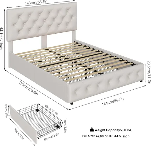 Miniatura 2 de TTVIEW Base de cama de tamaño matrimonial con 4 cajones de almacenamiento y cabecera ajustable, plataforma tapizada con diseño capitoné, soporte