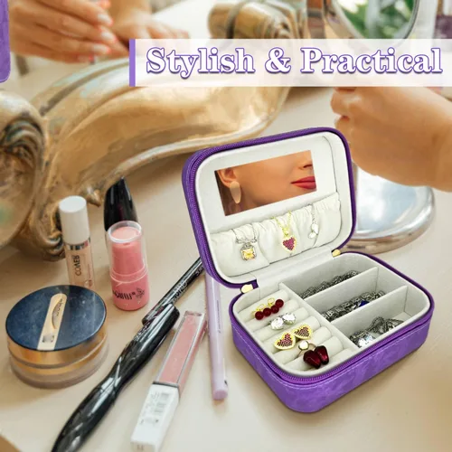 Miniatura 5 de Organizador de joyas de viaje, regalo para mujeres y niñas, caja de joyería de viaje grande portátil, estuche de joyería de viaje morado
