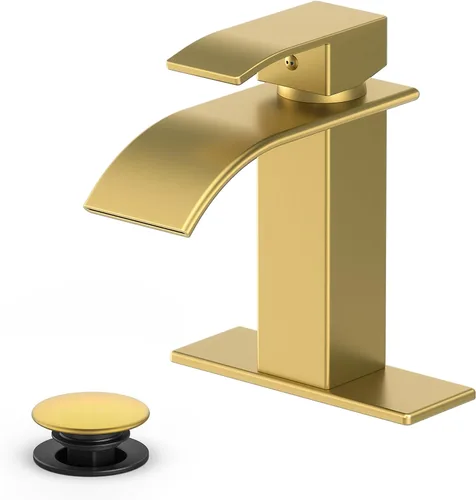 Ryuwanku - Grifo de baño dorado cepillado moderno tipo cascada con manija única, adecuado para 1 o 3 agujeros, incluye placa de cubierta y manguera…