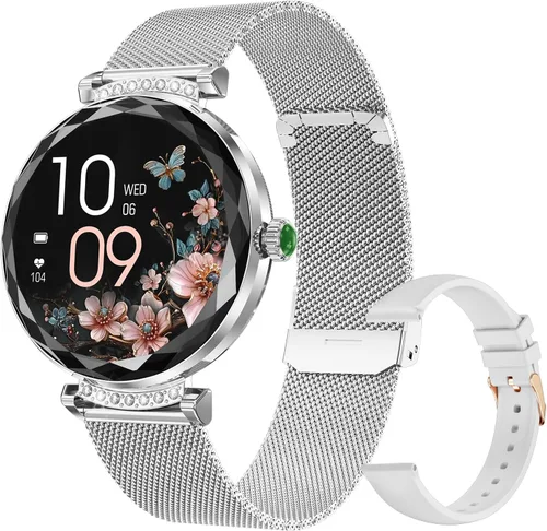 Miniatura 8 de Reloj inteligente para mujer Android/iOS, IP68, impermeable, con llamadas Bluetooth, recordatorio menstrual femenino (2 correas doradas)