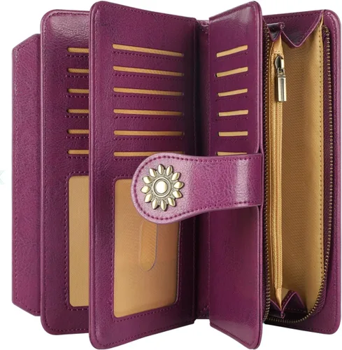 Miniatura 5 de Lavemi Carteras de cuero genuino de gran capacidad con bloqueo RFID para mujer, tarjetero con correa para la muñeca