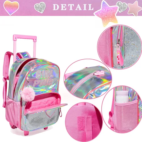 Miniatura 4 de HTgroce Mochila con ruedas para niñas, mochila escolar con ruedas, bolsa escolar con bolsa de almuerzo y bolsa para lápices, mochila con ruedas