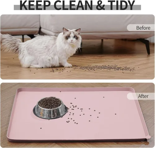 Miniatura 6 de Reopet Tapete impermeable para alimentación de mascotas con bordes altos y elevados, tapetes más pesados y gruesos para cuenco de agua de gatos