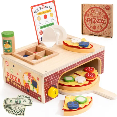 Juguete de Pizza de Madera - Montessori Comida de Juego de Simulación para Edades 3+, Juguete Educativo de Aprendizaje Conjunto de Juego de Madera