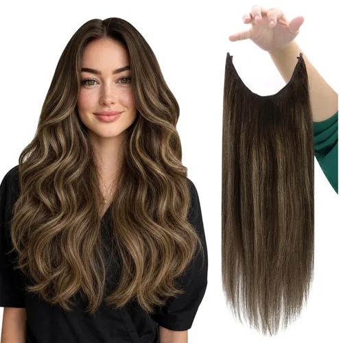 Miniatura 16 de Fshine - Extensiones de cabello con hilo invisible de 12 pulgadas, color rubio ceniza con reflejos de rubio decolorado, pieza de cabello humano real