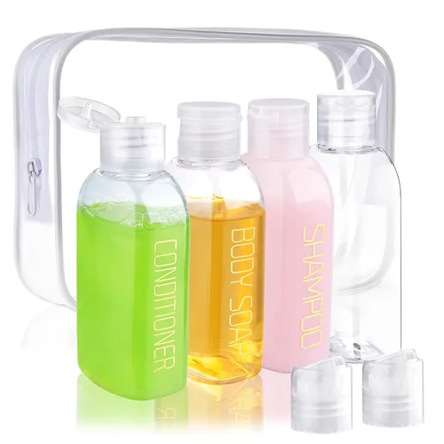 Cosywell Kit de viaje de botellas exprimibles a prueba de fugas – 4 piezas de 3.4 onzas aprobadas por la TSA para champú, acondicionador y artículos