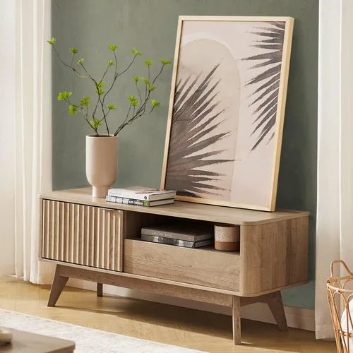 mopio Brooklyn Soporte de TV Moderno de Mediados de Siglo, para TVs de hasta 50" / 59" Panel de Forma de Onda, Perfil Curvo Elegante con Estante