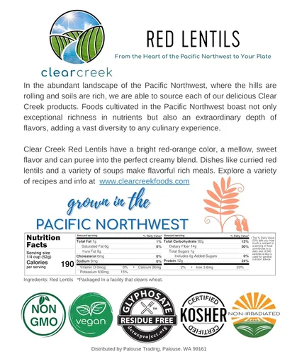 Miniatura 6 de CLEAR CREEK Lentejas Rojas Certificadas Sin Residuos de Glifosato 4 LB Sin OGM Kosher Veganas