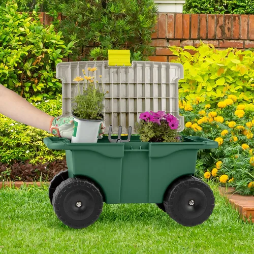 Miniatura 8 de Pure Garden - Carrito de jardín rodante con asiento, almacenamiento de plástico con banco y bandeja interior de herramientas, taburete de jardinería
