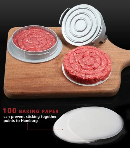 Miniatura 5 de OVOS Prensa de hamburguesas de grosor ajustable 3 en 1, molde antiadherente de aluminio para hacer hamburguesas con 100 papeles de cera