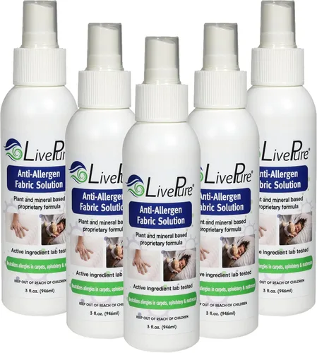 LivePure Spray de tela antialérgeno de 3 onzas para superficies domésticas. Spray antialérgeno a base de plantas para ácaros del polvo y caspa de