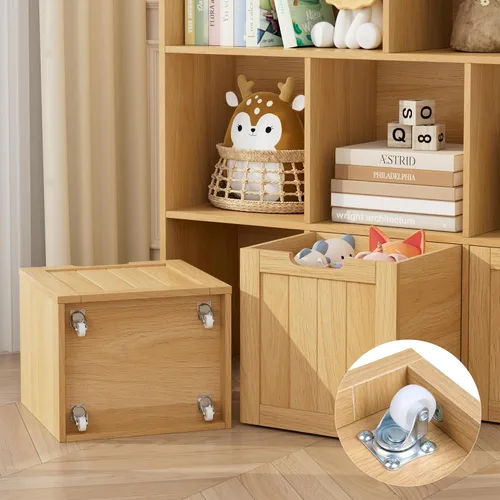 Miniatura 6 de FOTOSOK Organizador de almacenamiento de juguetes con 3 cajones móviles, gabinete de almacenamiento de piso cofre de juguetes con ruedas ocultas y 5