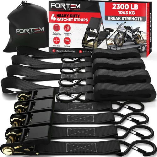 FORTEM Correas de trinquete, juego de correas de amarre con resistencia a la rotura de 2300 libras, paquete de 4 de 15 pies x 1 pulgada, 4 bucles