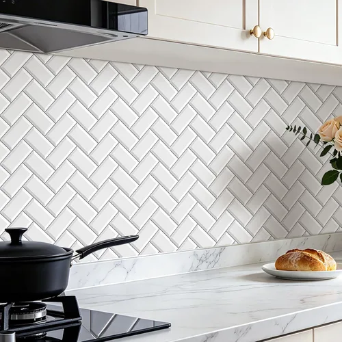 FunStick Papel tapiz blanco para cocina, despegar y pegar, impermeable, papel de pared en muro de espiga para cocina, baño, azulejos, papel tapiz
